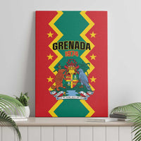 Red Grenada 1974 canvas wall art, yellow zigzag border with coat-of-arms in center