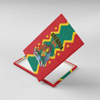 Red Grenada 1974 canvas wall art angled view, yellow zigzag border and central emblem