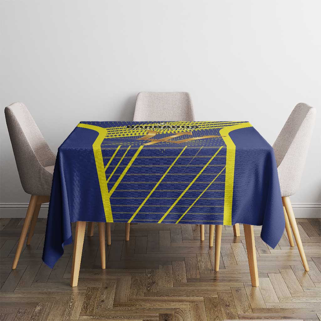 Round-table football tablecloth in blue with yellow borders and Barbados tridents print