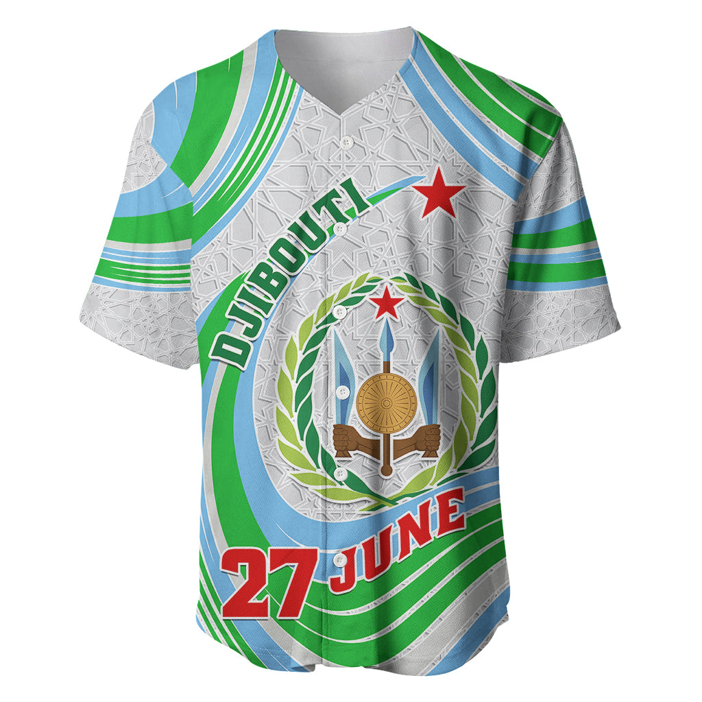 Custom 27 June Djibouti Independence Day Baseball Jersey Jabuuti Emblem Mix Islamic Pattern - Wonder Print Shop