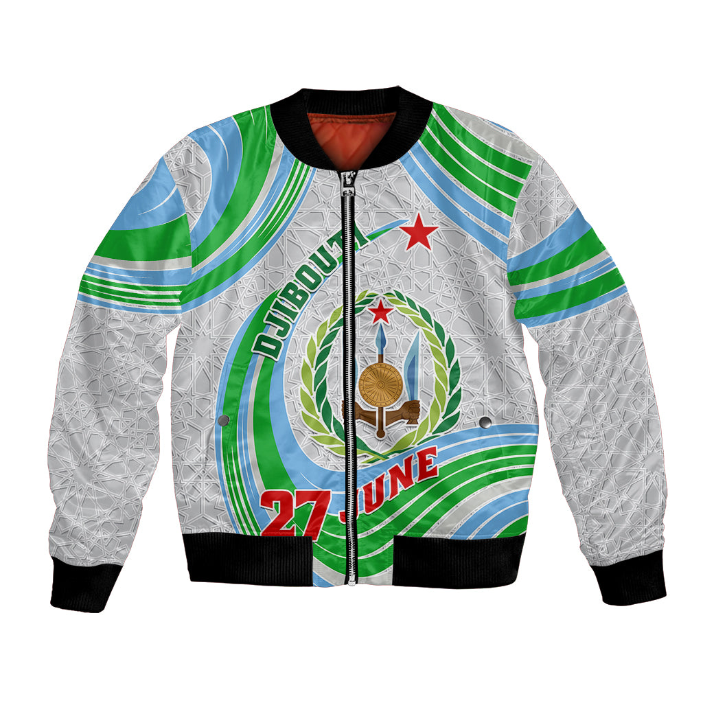 Custom 27 June Djibouti Independence Day Bomber Jacket Jabuuti Emblem Mix Islamic Pattern - Wonder Print Shop