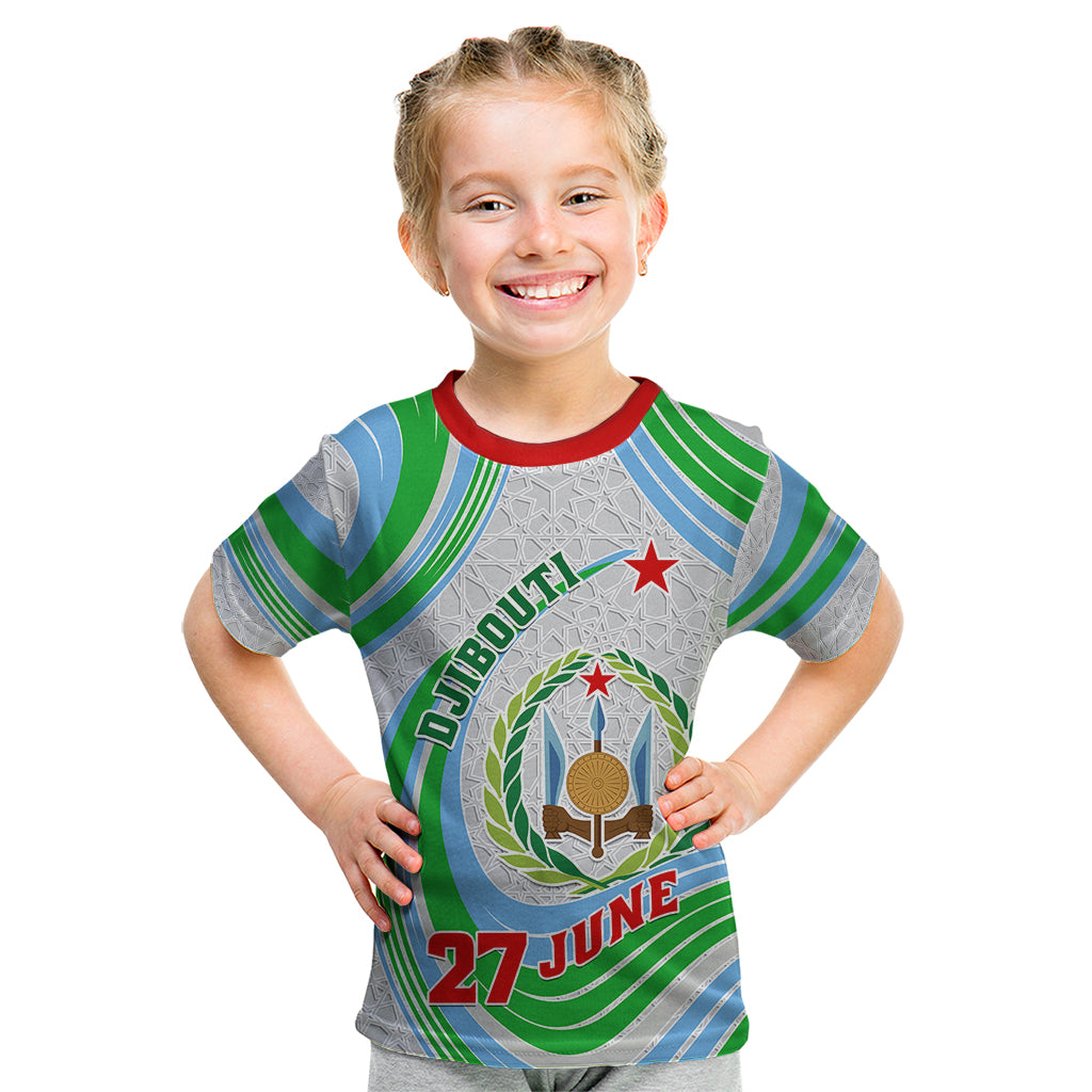 Custom 27 June Djibouti Independence Day Kid T Shirt Jabuuti Emblem Mix Islamic Pattern - Wonder Print Shop