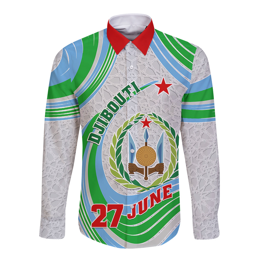 Custom 27 June Djibouti Independence Day Long Sleeve Button Shirt Jabuuti Emblem Mix Islamic Pattern - Wonder Print Shop