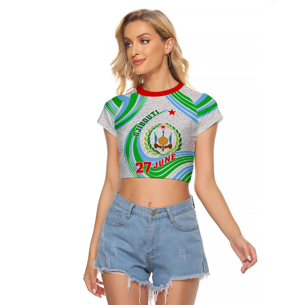 Custom 27 June Djibouti Independence Day Raglan Cropped T Shirt Jabuuti Emblem Mix Islamic Pattern - Wonder Print Shop