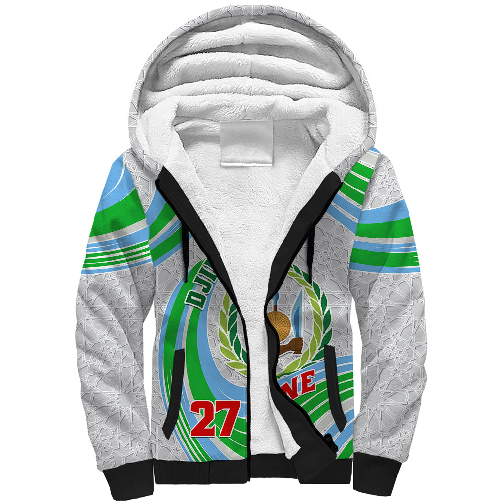 Custom 27 June Djibouti Independence Day Sherpa Hoodie Jabuuti Emblem Mix Islamic Pattern - Wonder Print Shop