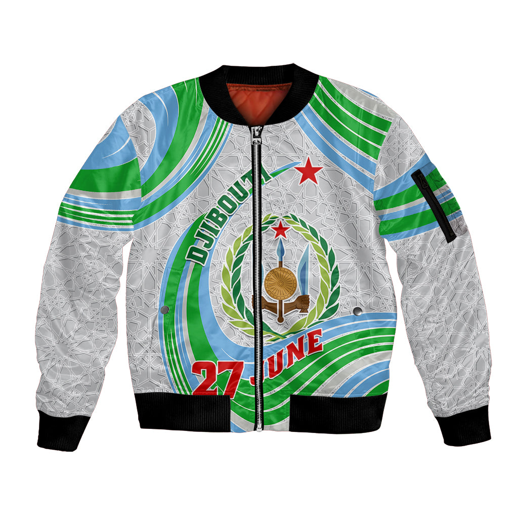 Custom 27 June Djibouti Independence Day Sleeve Zip Bomber Jacket Jabuuti Emblem Mix Islamic Pattern - Wonder Print Shop