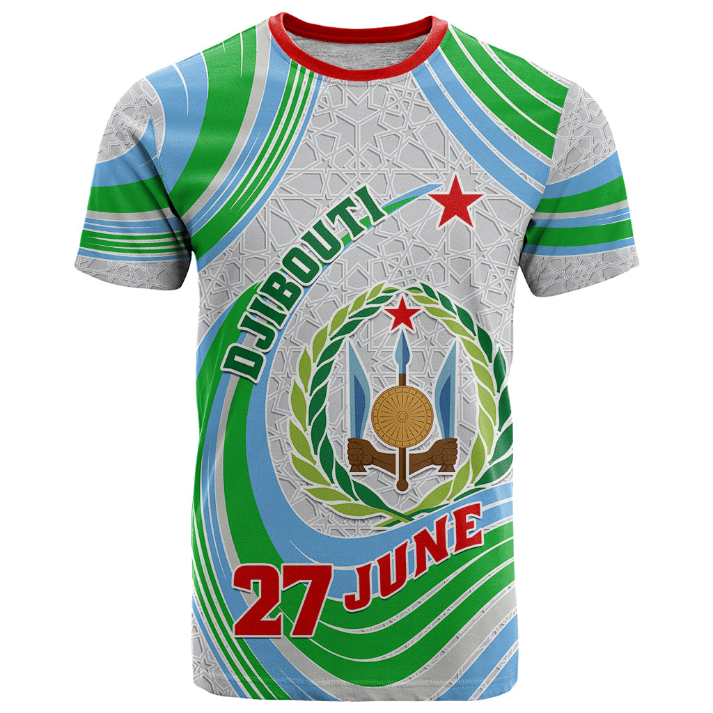 Custom 27 June Djibouti Independence Day T Shirt Jabuuti Emblem Mix Islamic Pattern - Wonder Print Shop