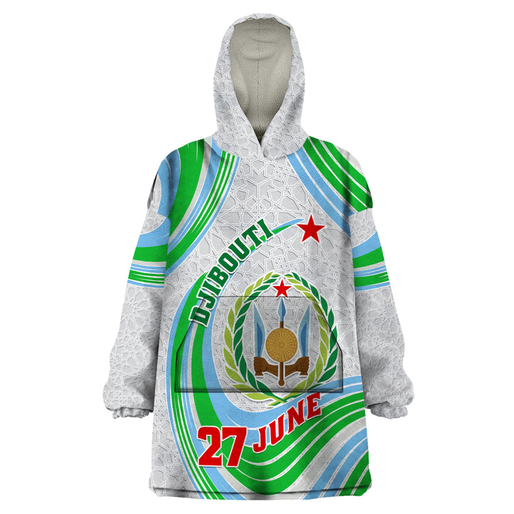 Custom 27 June Djibouti Independence Day Wearable Blanket Hoodie Jabuuti Emblem Mix Islamic Pattern - Wonder Print Shop