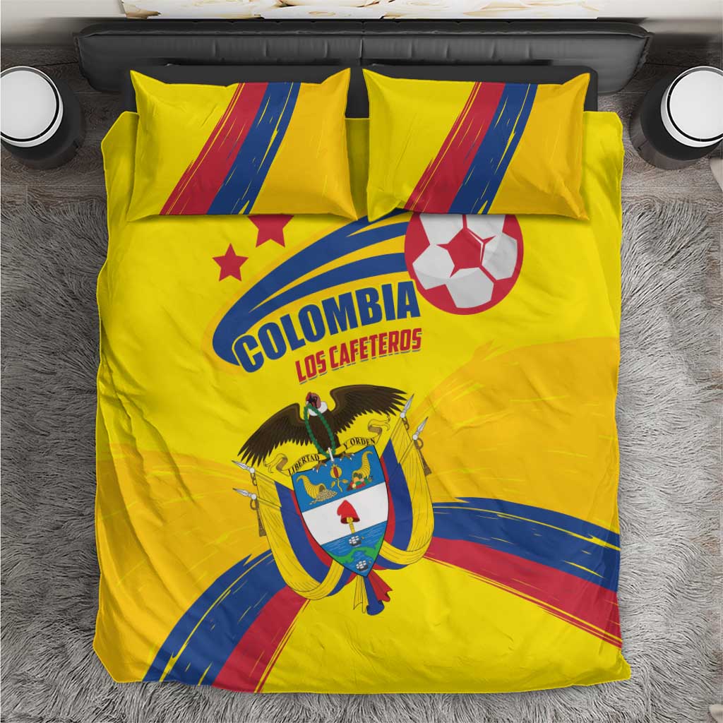 Yellow football-themed bedding set with Colombia crest and soccer ball graphic on comforter