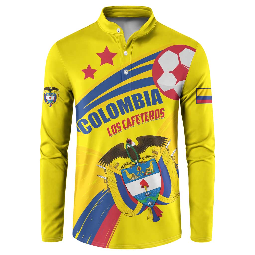 Yellow button-up sweatshirt with Colombia crest, stars, and soccer-ball graphic print.