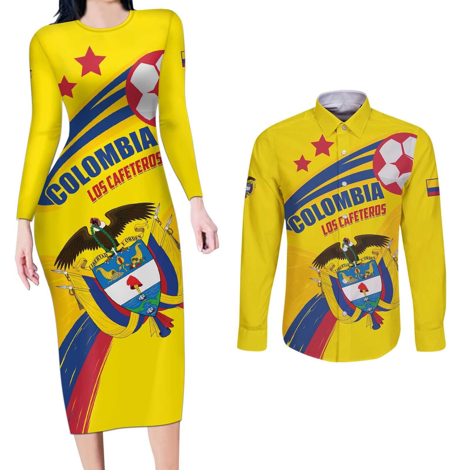 Colombia 2024 Football Champions Couples Matching Long Sleeve Bodycon Dress and Long Sleeve Button Shirt Todos Somos Colombia - Wonder Print Shop