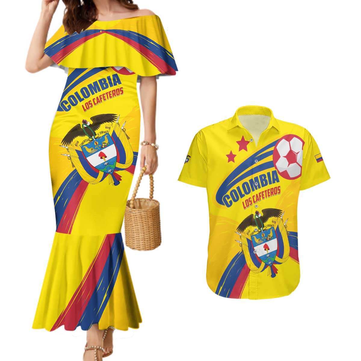 Colombia 2024 Football Champions Couples Matching Mermaid Dress and Hawaiian Shirt Todos Somos Colombia - Wonder Print Shop