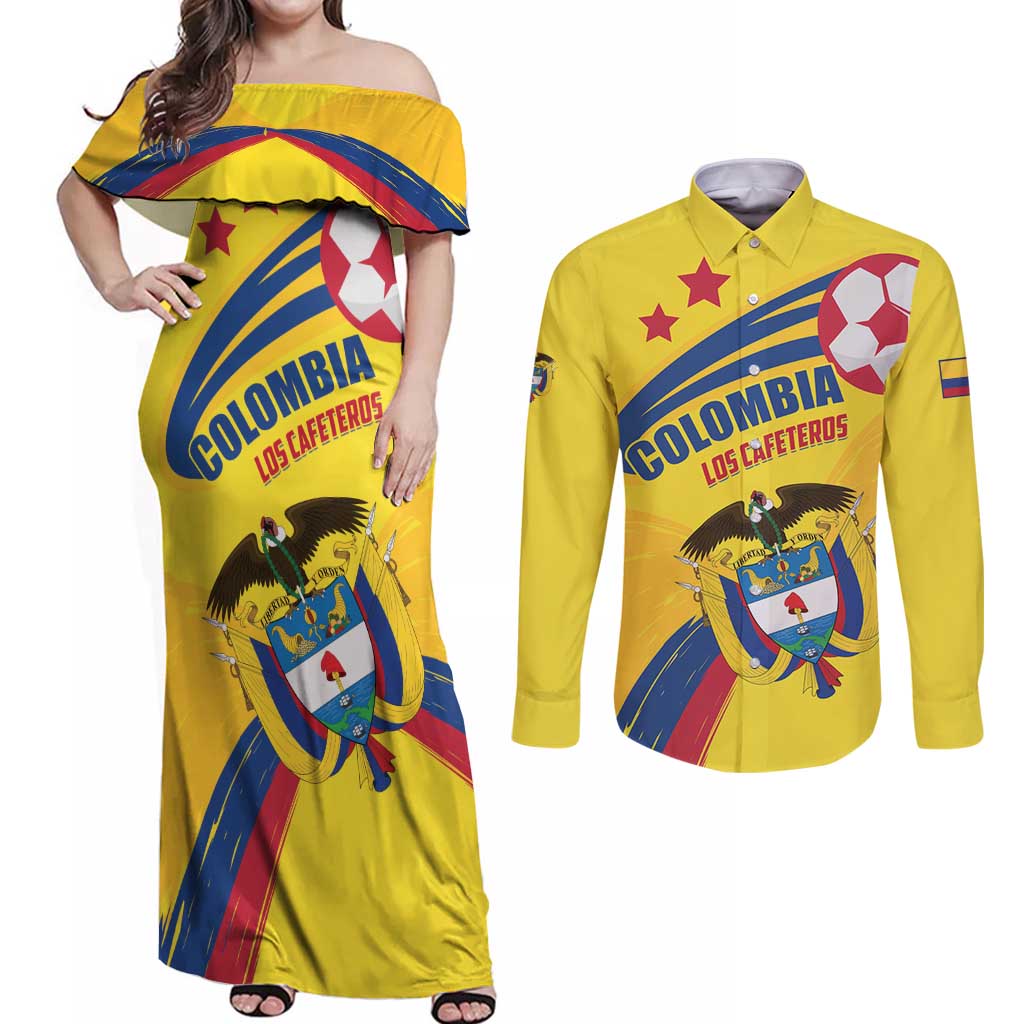 Colombia 2024 Football Champions Couples Matching Off Shoulder Maxi Dress and Long Sleeve Button Shirt Todos Somos Colombia - Wonder Print Shop