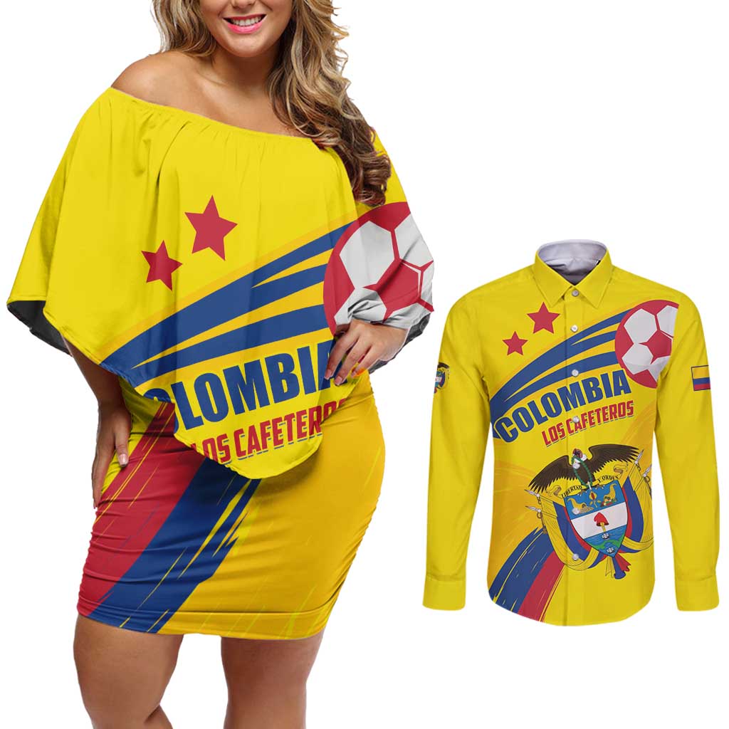 Colombia 2024 Football Champions Couples Matching Off Shoulder Short Dress and Long Sleeve Button Shirt Todos Somos Colombia - Wonder Print Shop