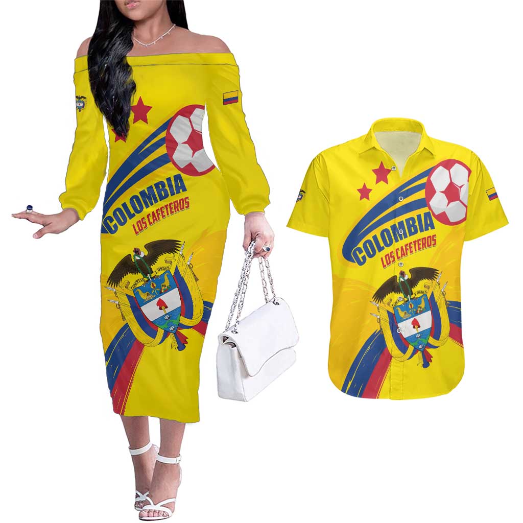 Colombia 2024 Football Champions Couples Matching Off The Shoulder Long Sleeve Dress and Hawaiian Shirt Todos Somos Colombia - Wonder Print Shop