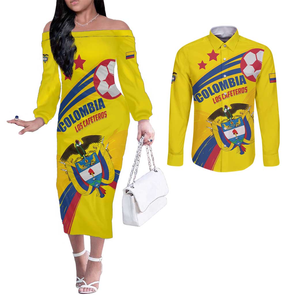 Colombia 2024 Football Champions Couples Matching Off The Shoulder Long Sleeve Dress and Long Sleeve Button Shirt Todos Somos Colombia