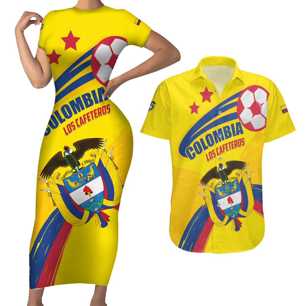 Colombia 2024 Football Champions Couples Matching Short Sleeve Bodycon Dress and Hawaiian Shirt Todos Somos Colombia - Wonder Print Shop