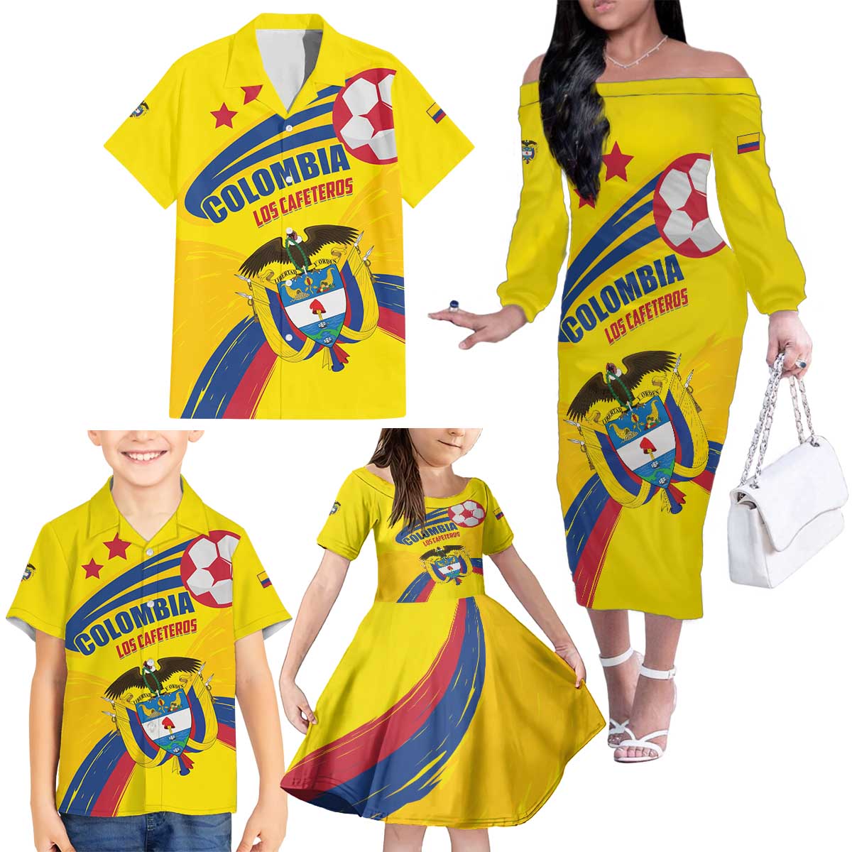 Colombia 2024 Football Champions Family Matching Off The Shoulder Long Sleeve Dress and Hawaiian Shirt Todos Somos Colombia - Wonder Print Shop