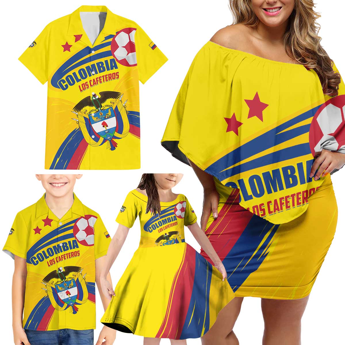 Colombia 2024 Football Champions Family Matching Off Shoulder Short Dress and Hawaiian Shirt Todos Somos Colombia - Wonder Print Shop