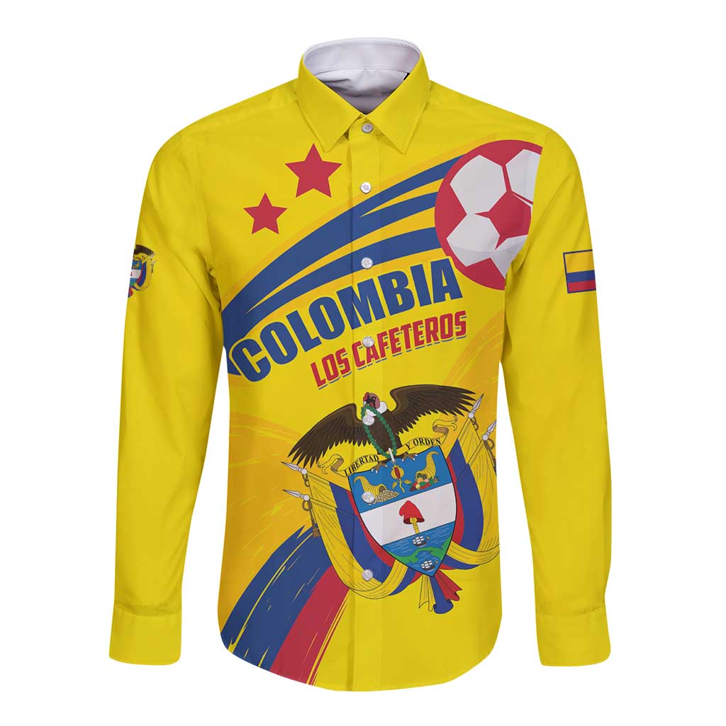 Yellow long-sleeve button football shirt with Colombia crest and soccer ball front graphic