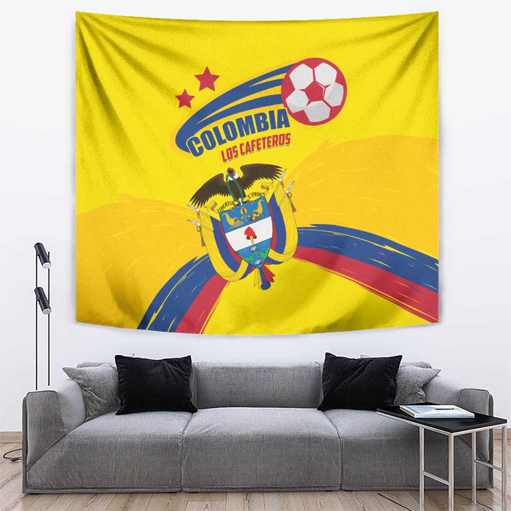 Yellow football tapestry with Colombia emblem, soccer ball, eagle shield, and ribbon banner art