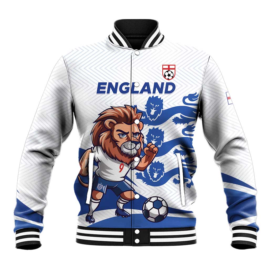 White and blue varsity baseball jacket with ribbed collar, zipper front, lion graphic