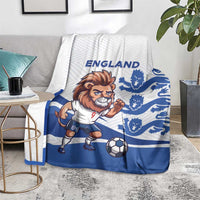 England football blanket on floor couch with lion mascot and soccer ball graphic in blue