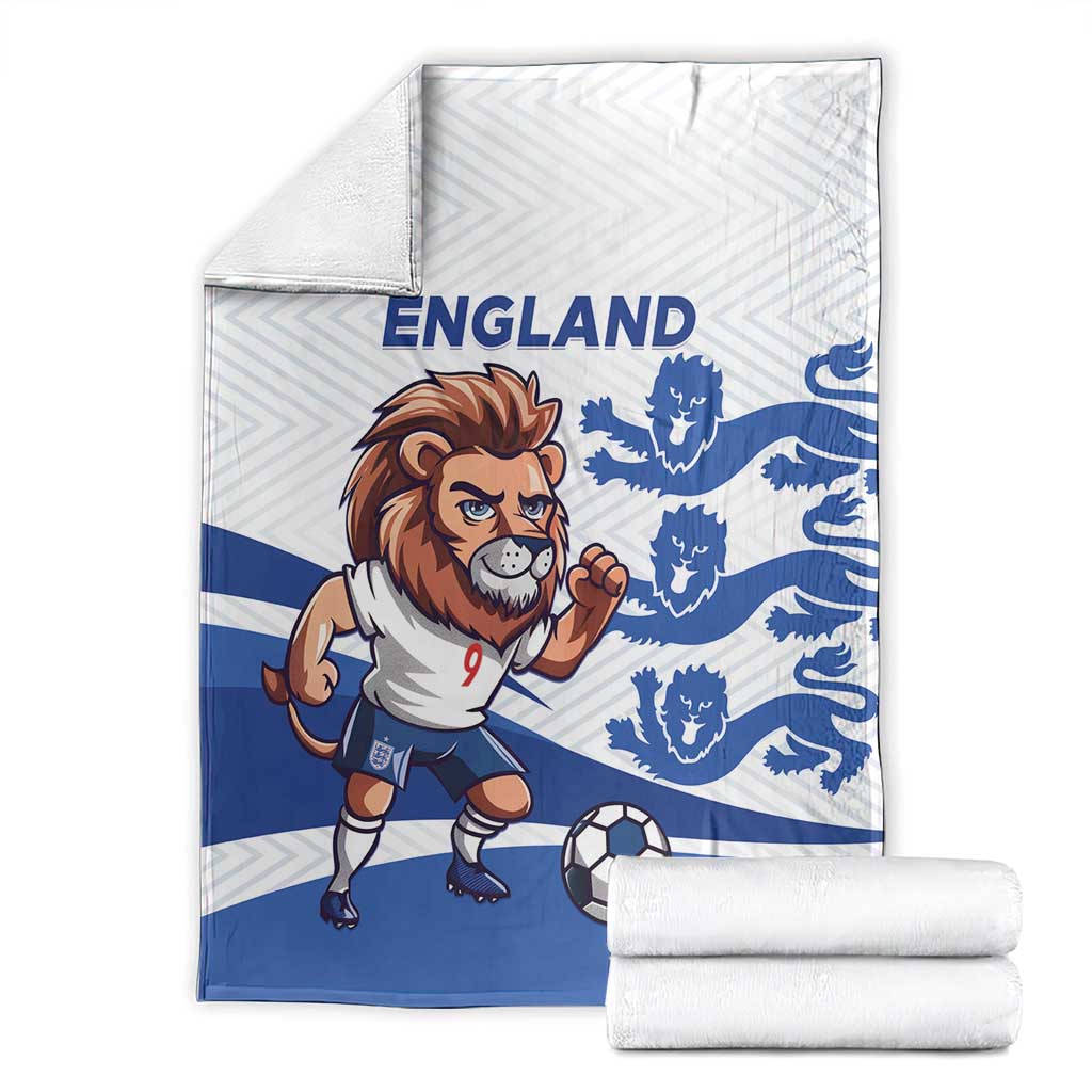 Folded England football blanket with lion mascot, blue crests, and soccer ball graphic