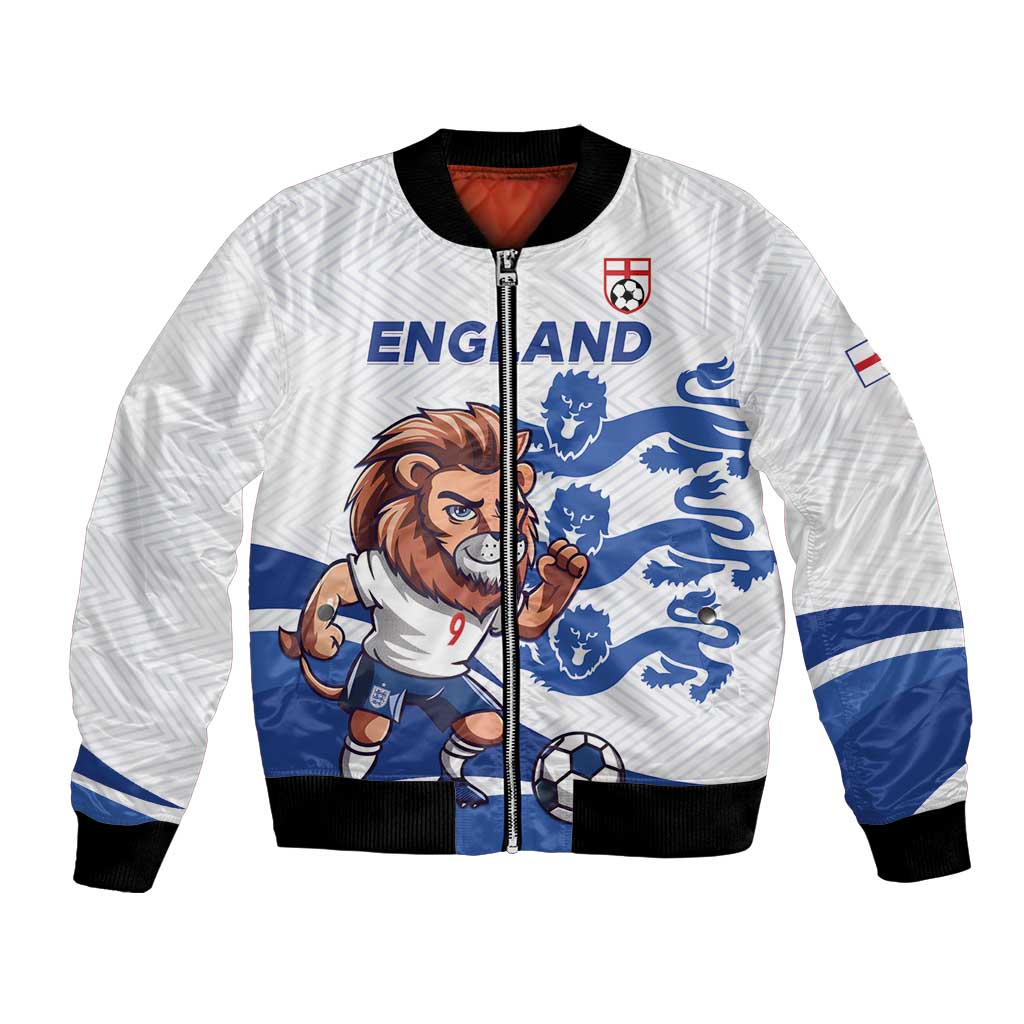 White football bomber jacket, zip front, England crest and lion graphics, ribbed cuffs