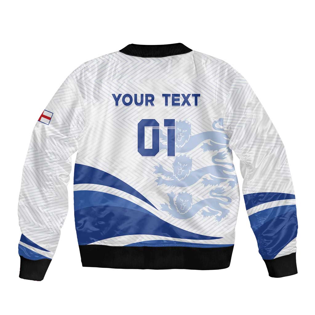 White football bomber jacket back, blue waves and lion print, "YOUR TEXT" and 01, ribbed hem