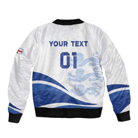 White football bomber jacket back, blue waves and lion print, "YOUR TEXT" and 01, ribbed hem
