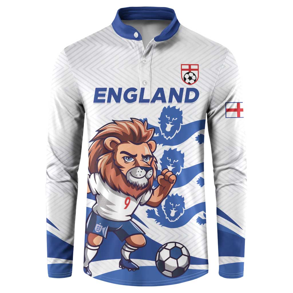 White football button sweatshirt with blue collar, lion graphic, and England crest front