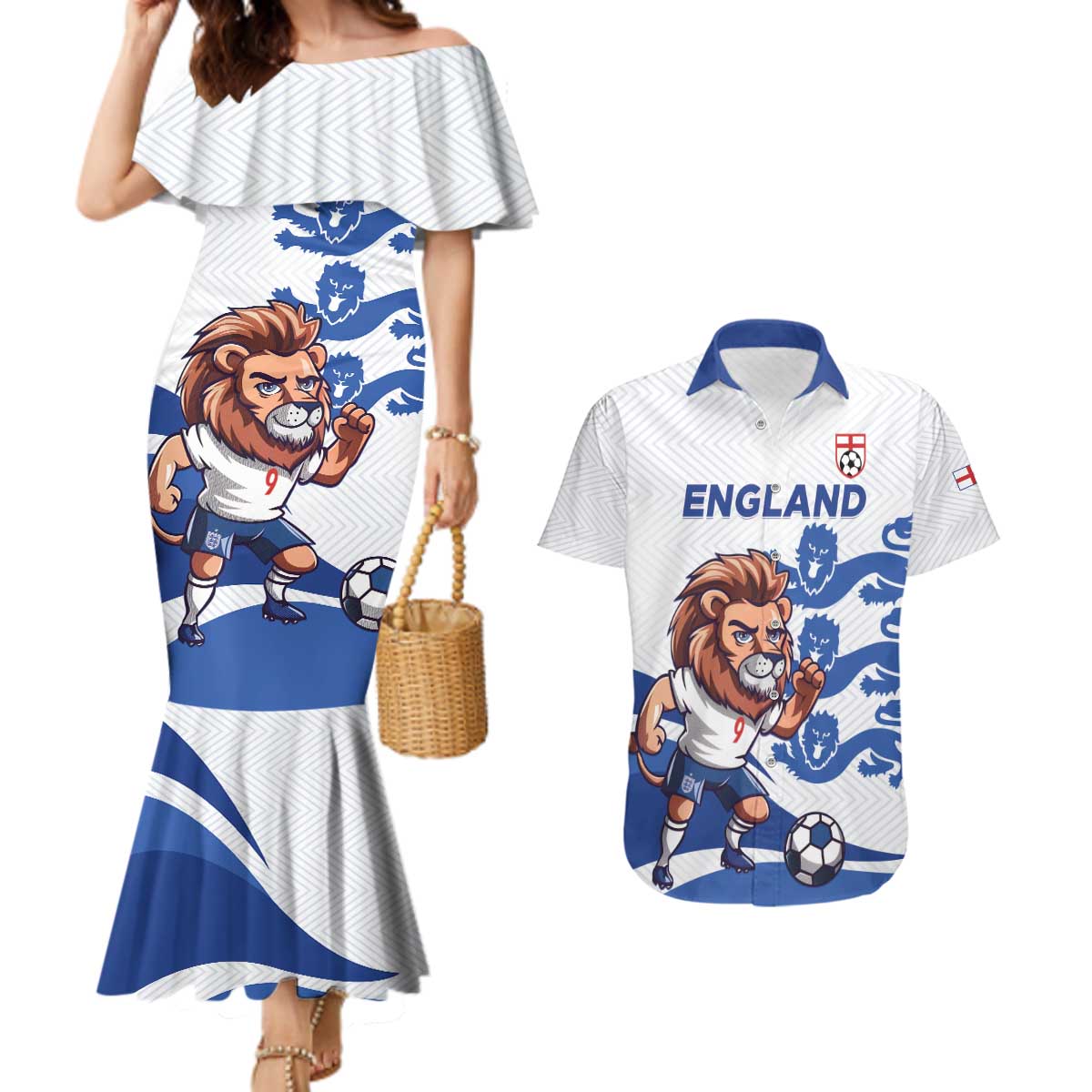 England 2024 Football Couples Matching Mermaid Dress and Hawaiian Shirt Three Lions Go Champions - Wonder Print Shop