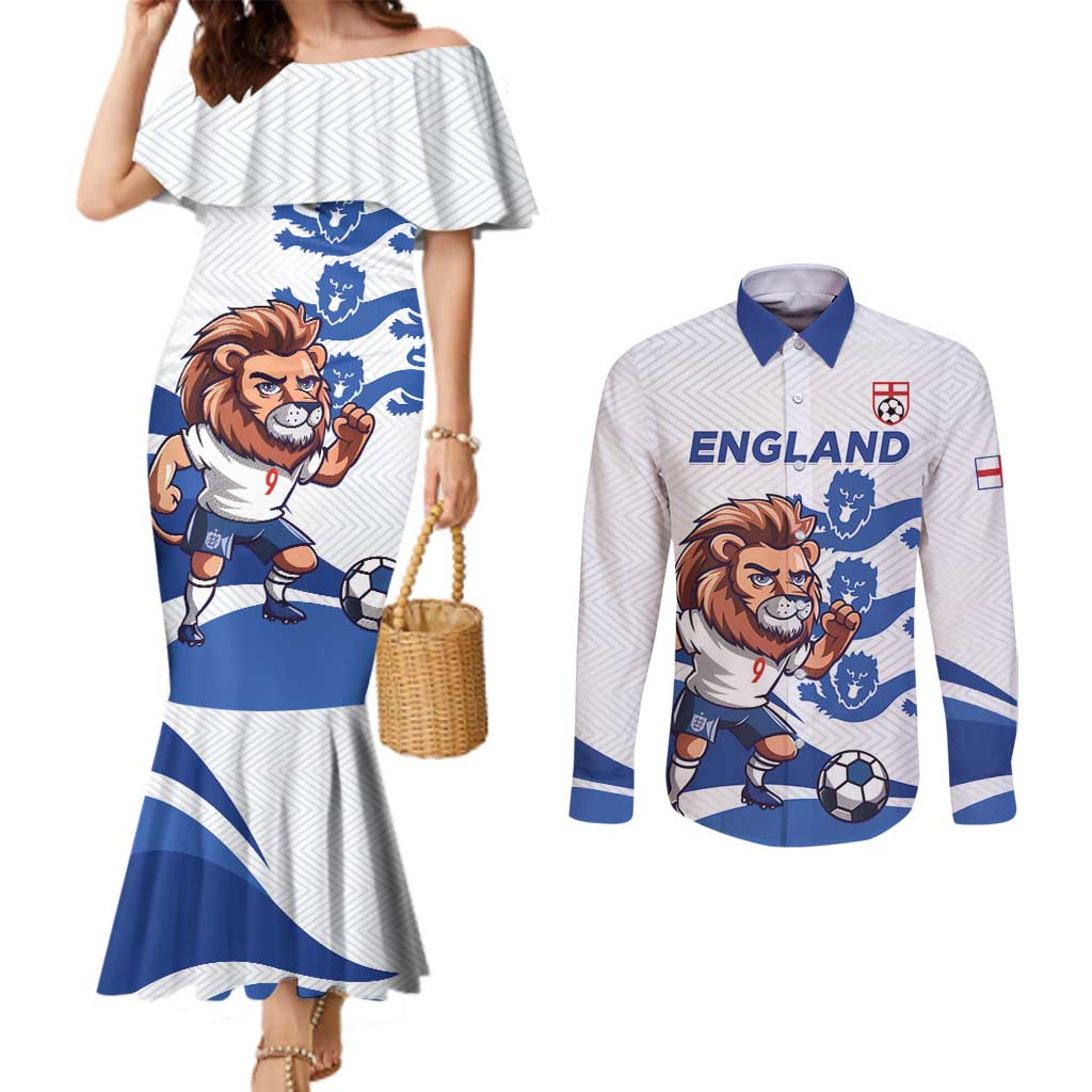 England 2024 Football Couples Matching Mermaid Dress and Long Sleeve Button Shirt Three Lions Go Champions