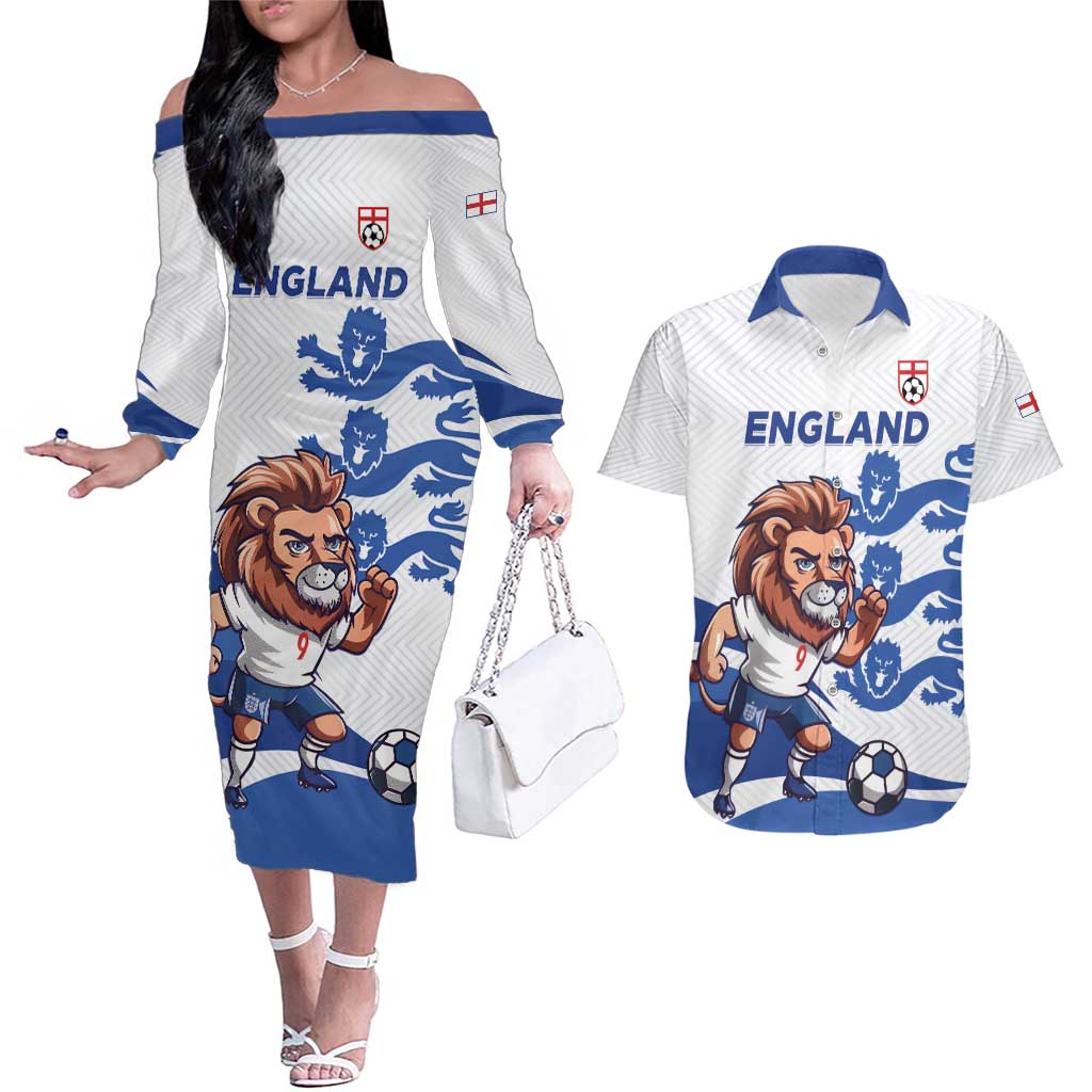 England 2024 Football Couples Matching Off The Shoulder Long Sleeve Dress and Hawaiian Shirt Three Lions Go Champions - Wonder Print Shop