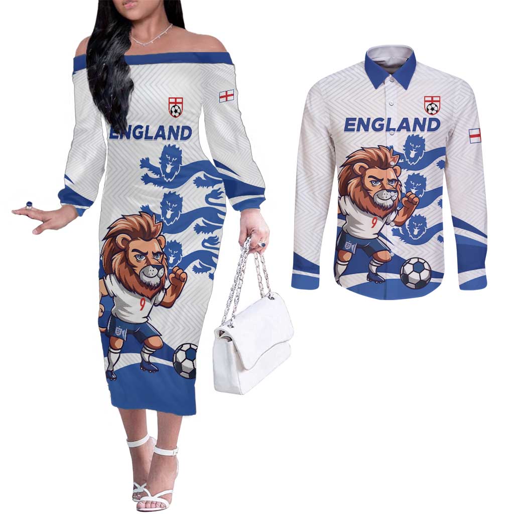 England 2024 Football Couples Matching Off The Shoulder Long Sleeve Dress and Long Sleeve Button Shirt Three Lions Go Champions