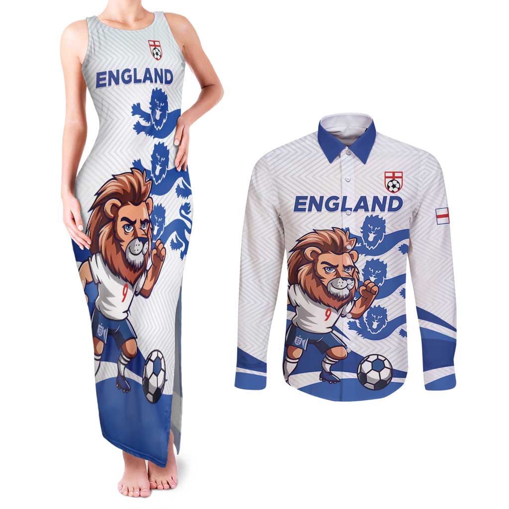 England 2024 Football Couples Matching Tank Maxi Dress and Long Sleeve Button Shirt Three Lions Go Champions - Wonder Print Shop