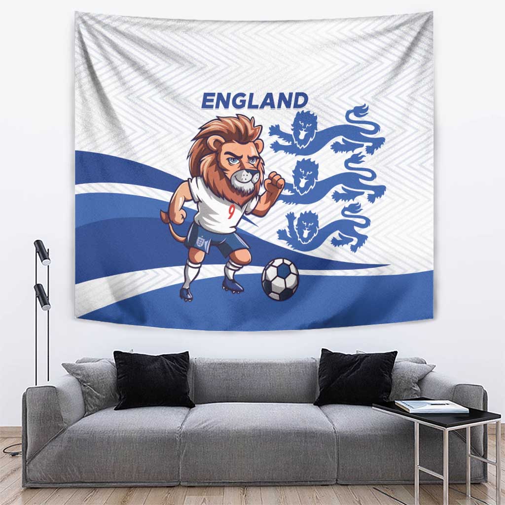 England football tapestry, white and blue stripes featuring cartoon lion and lion crest