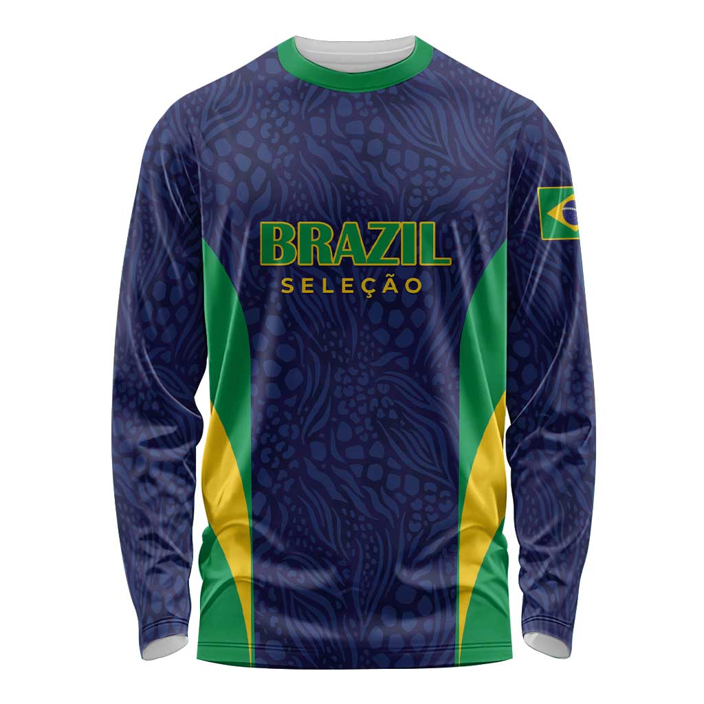 Brazil long sleeve football shirt in blue with green collar and yellow-green side panels
