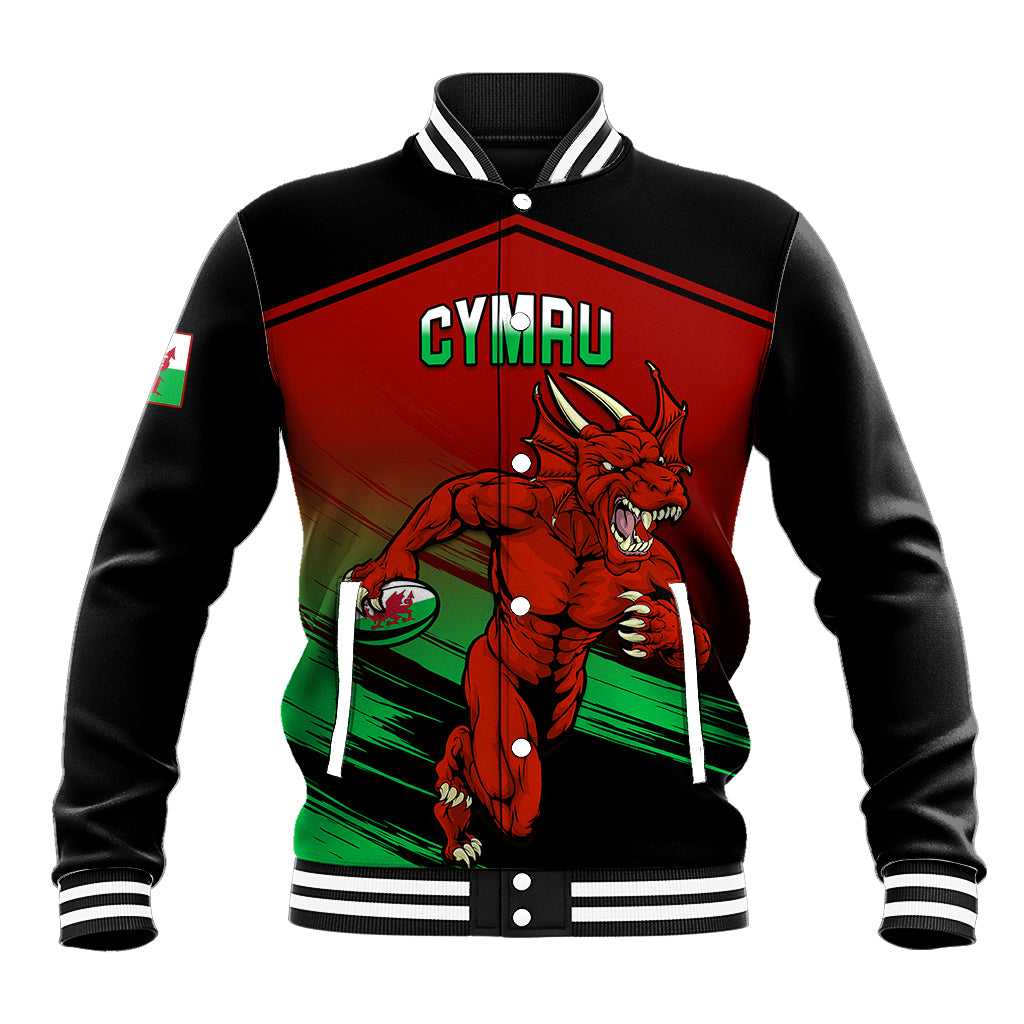 Red and black varsity rugby baseball jacket with dragon graphic and striped cuffs