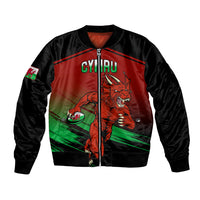 Unisex bomber jacket with full-zip, red and black dragon graphic and Wales flag sleeve patch