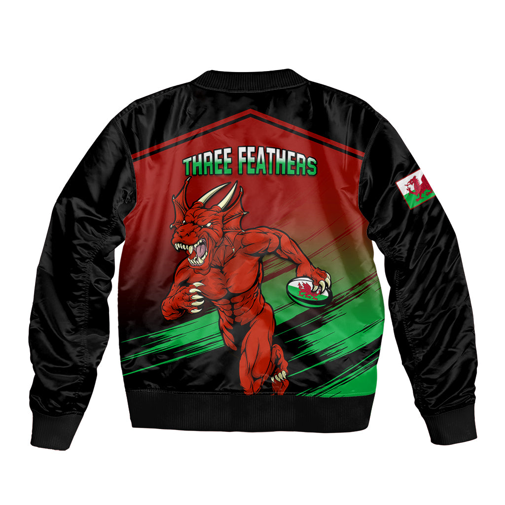 Unisex bomber jacket back graphic with running red dragon, 'THREE FEATHERS' text and tricolor stripes