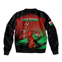 Unisex bomber jacket back graphic with running red dragon, 'THREE FEATHERS' text and tricolor stripes