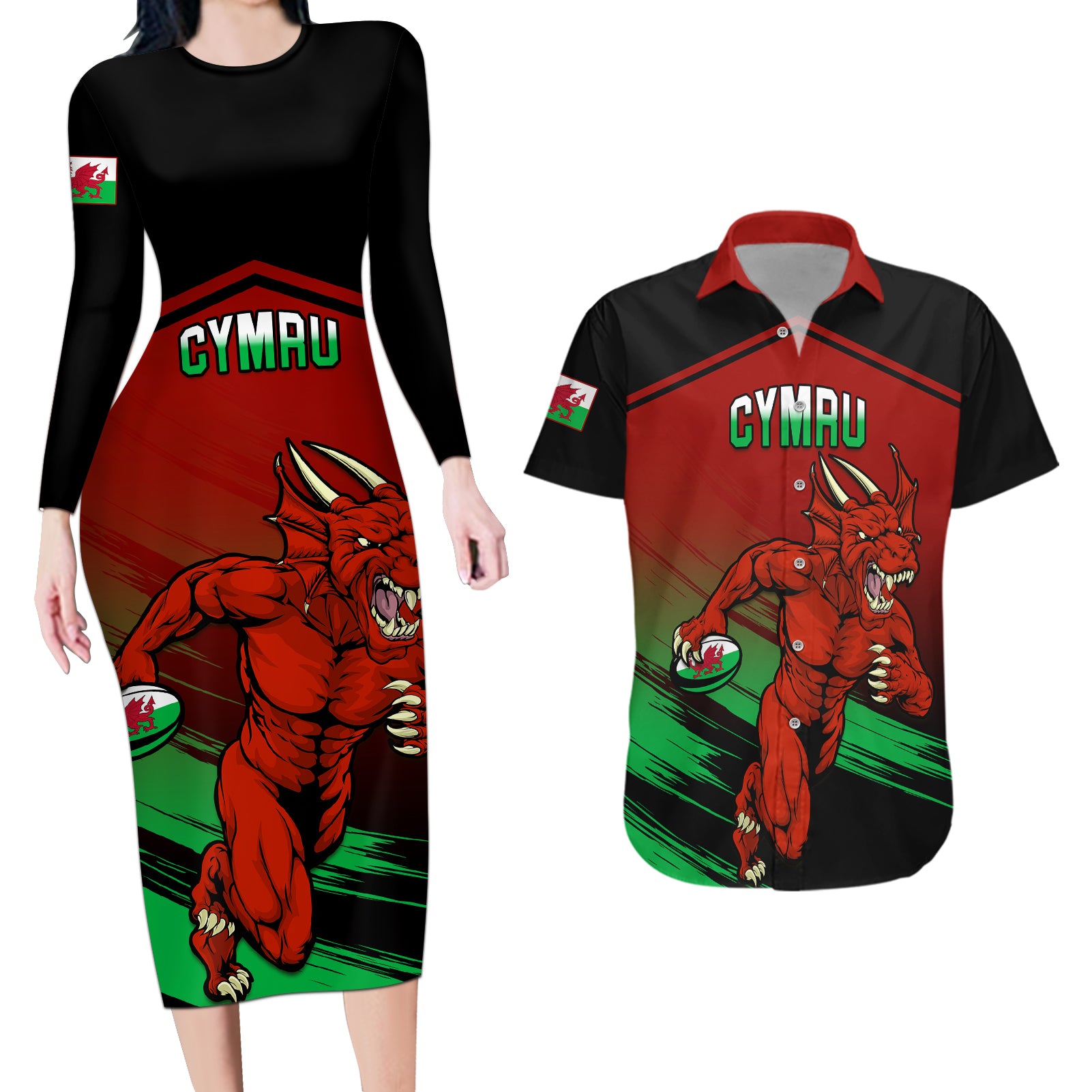 Wales Rugby Couples Matching Long Sleeve Bodycon Dress and Hawaiian Shirt Cymru Come On 2023 World Cup - Wonder Print Shop