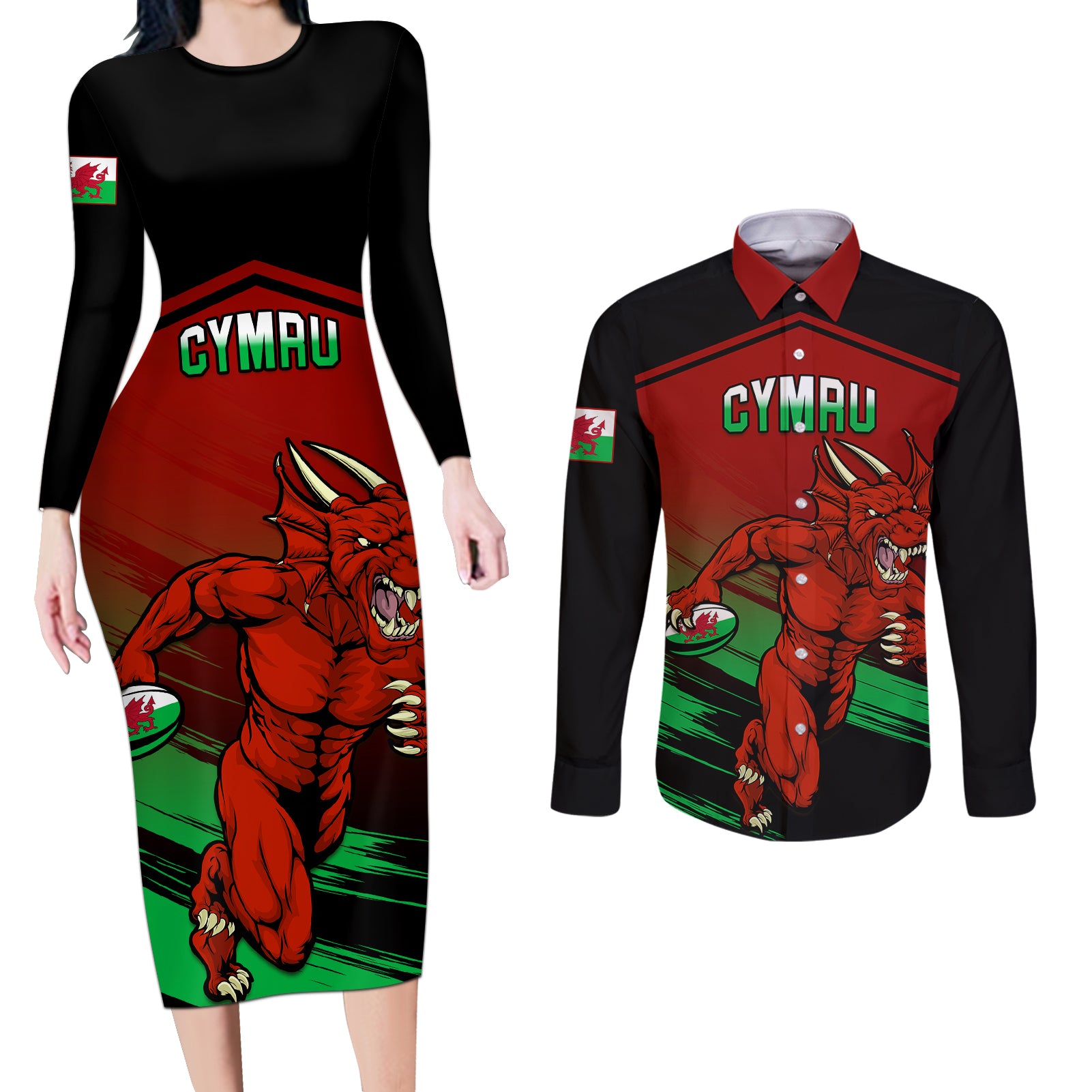 Wales Rugby Couples Matching Long Sleeve Bodycon Dress and Long Sleeve Button Shirts Cymru Come On 2023 World Cup - Wonder Print Shop