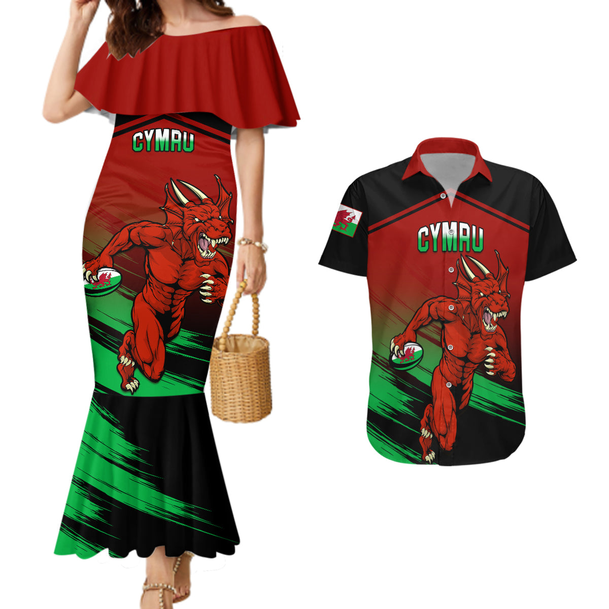 Wales Rugby Couples Matching Mermaid Dress and Hawaiian Shirt Cymru Come On 2023 World Cup - Wonder Print Shop