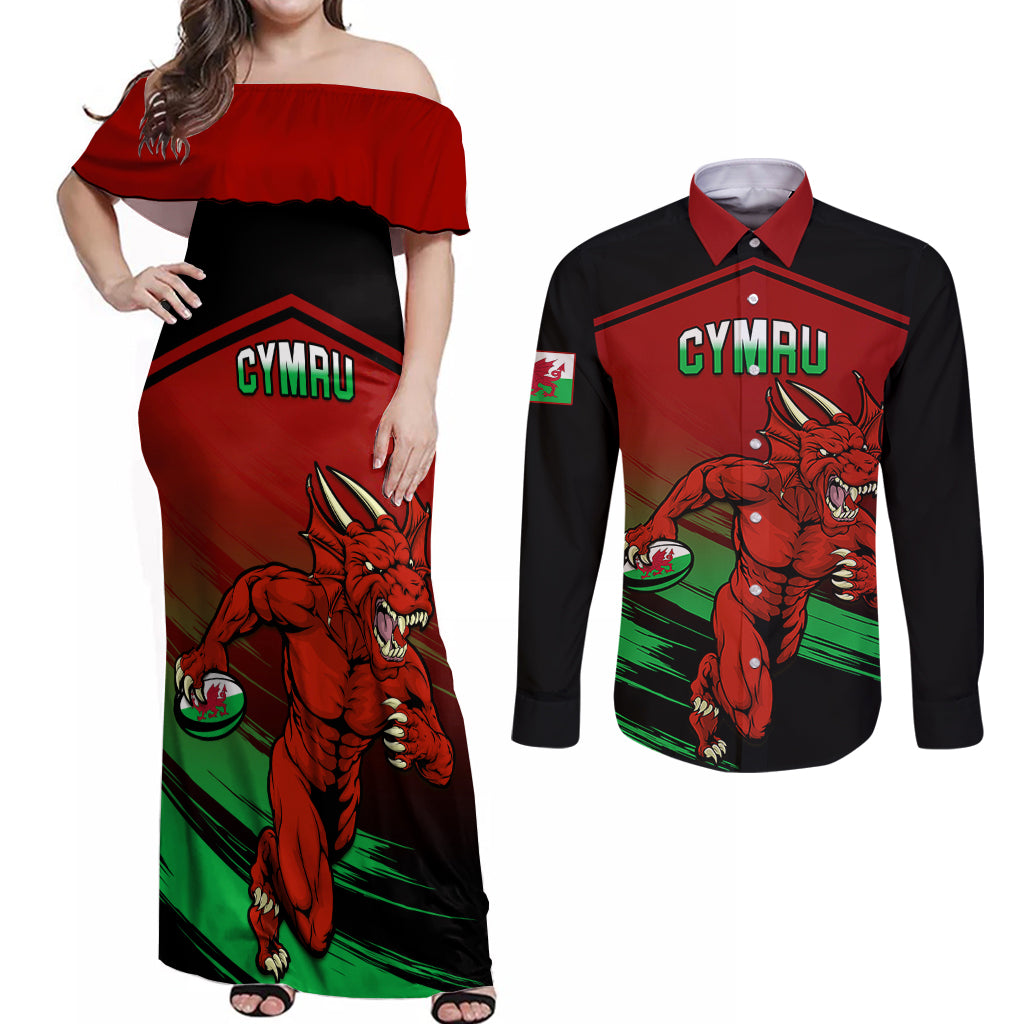 Wales Rugby Couples Matching Off Shoulder Maxi Dress and Long Sleeve Button Shirts Cymru Come On 2023 World Cup - Wonder Print Shop