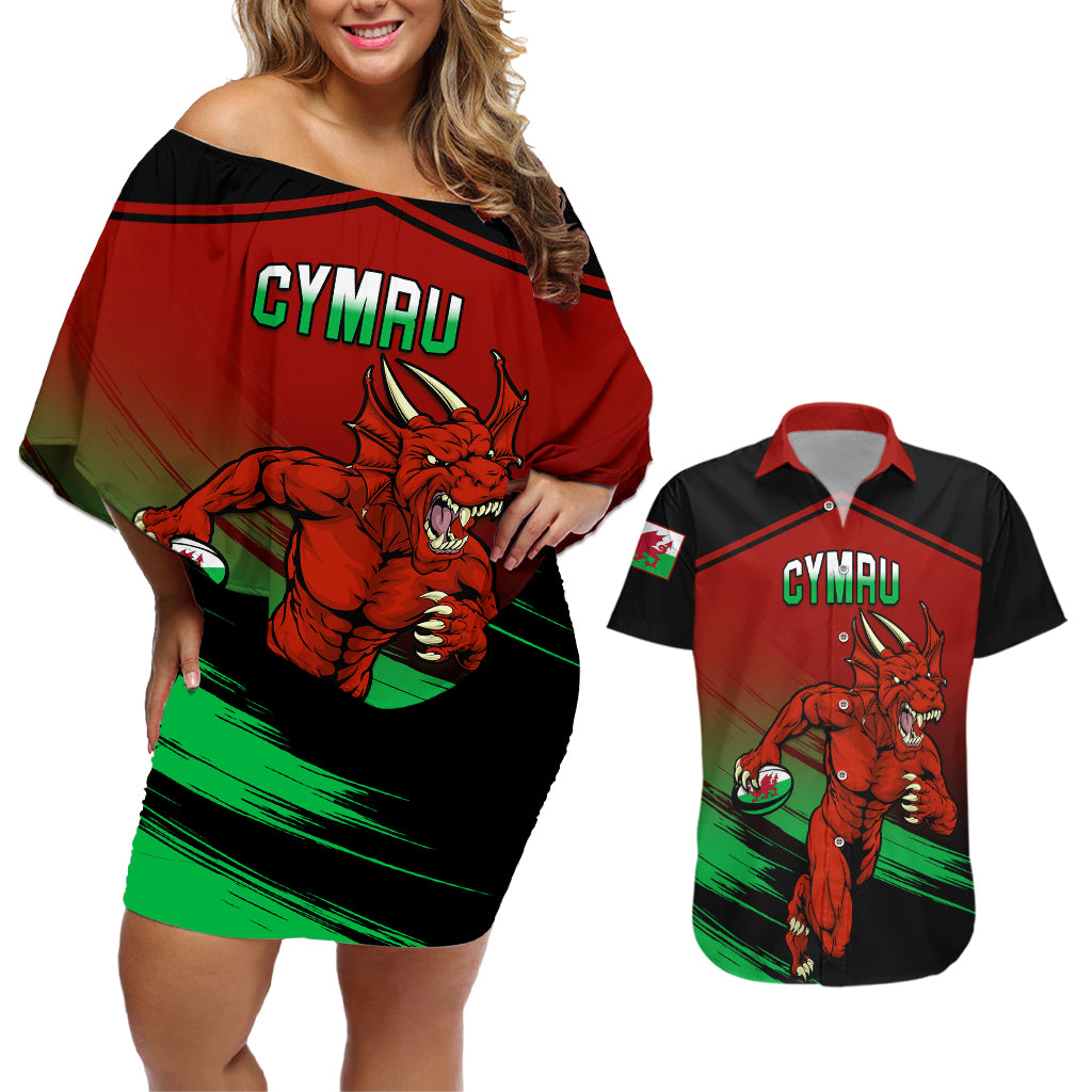 Wales Rugby Couples Matching Off Shoulder Short Dress and Hawaiian Shirt Cymru Come On 2023 World Cup - Wonder Print Shop