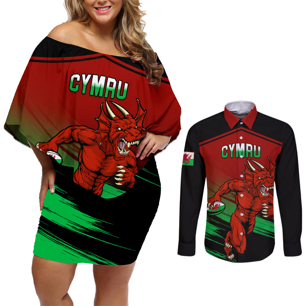 Wales Rugby Couples Matching Off Shoulder Short Dress and Long Sleeve Button Shirts Cymru Come On 2023 World Cup - Wonder Print Shop