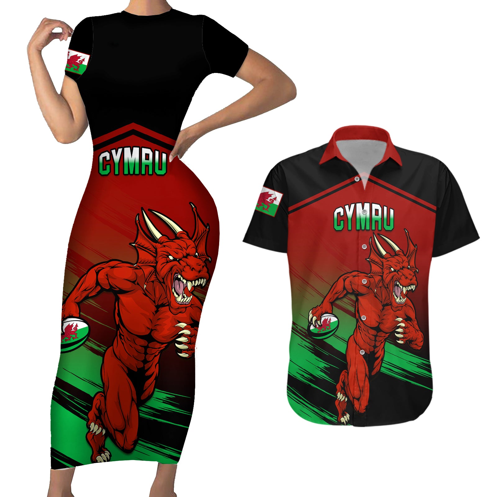 Wales Rugby Couples Matching Short Sleeve Bodycon Dress and Hawaiian Shirt Cymru Come On 2023 World Cup - Wonder Print Shop